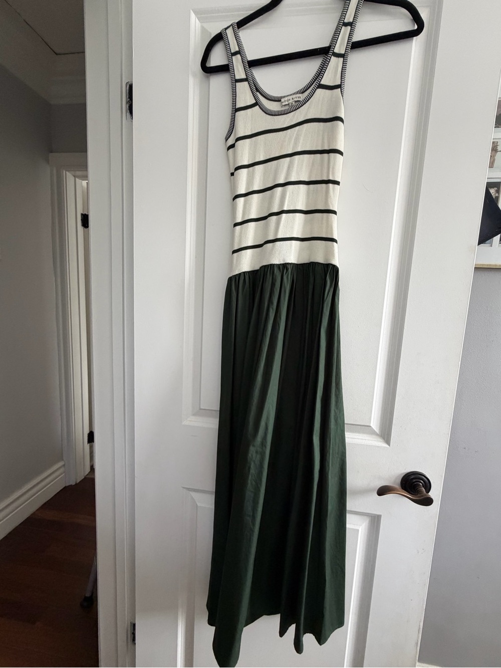 Moon River Cream and Black Striped Tank Maxi Dress with Forest Green Skirt
